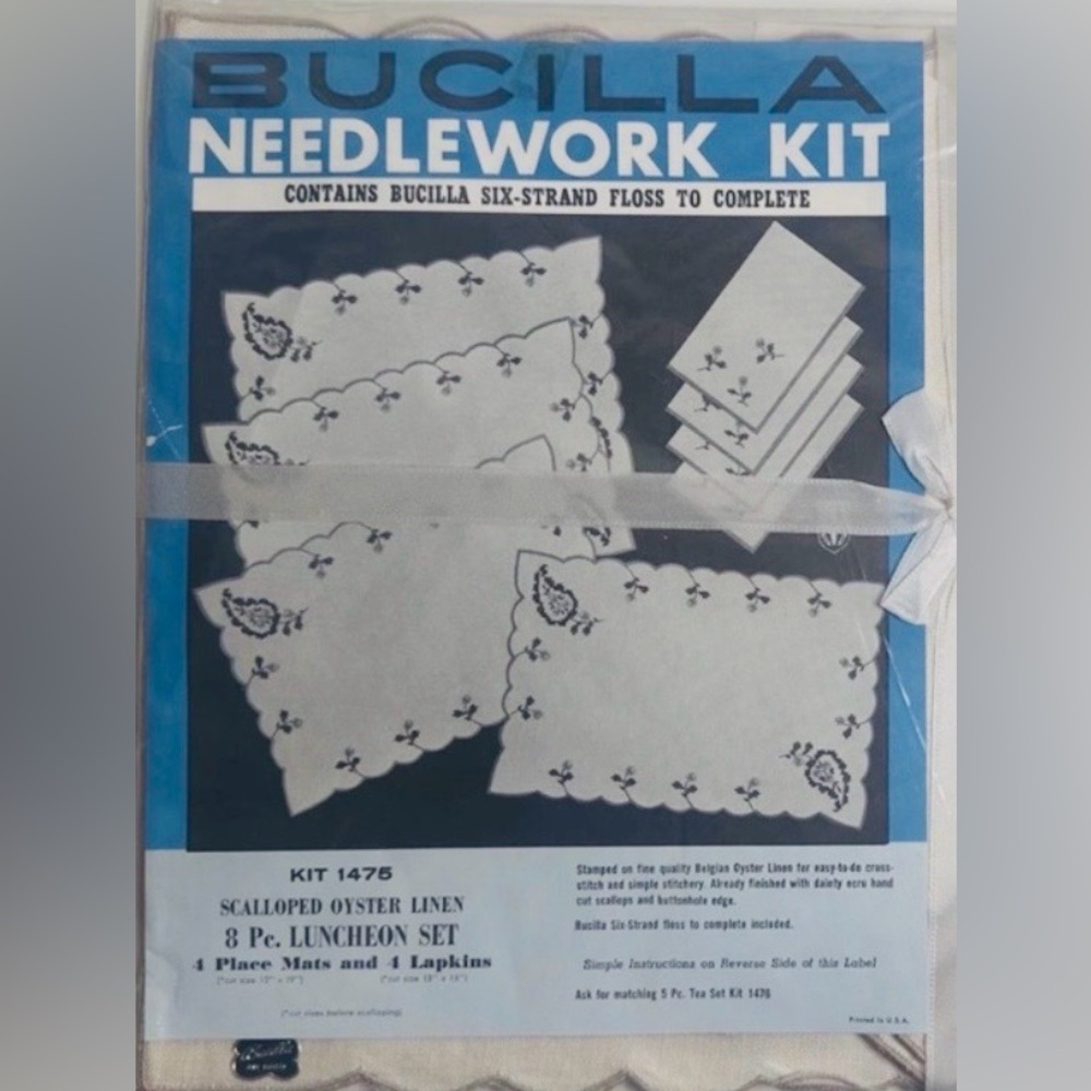 Vintage Bucilla Needlework Kit-8pc Luncheon Set-Scalloped Mats/Napkins Kit 1475